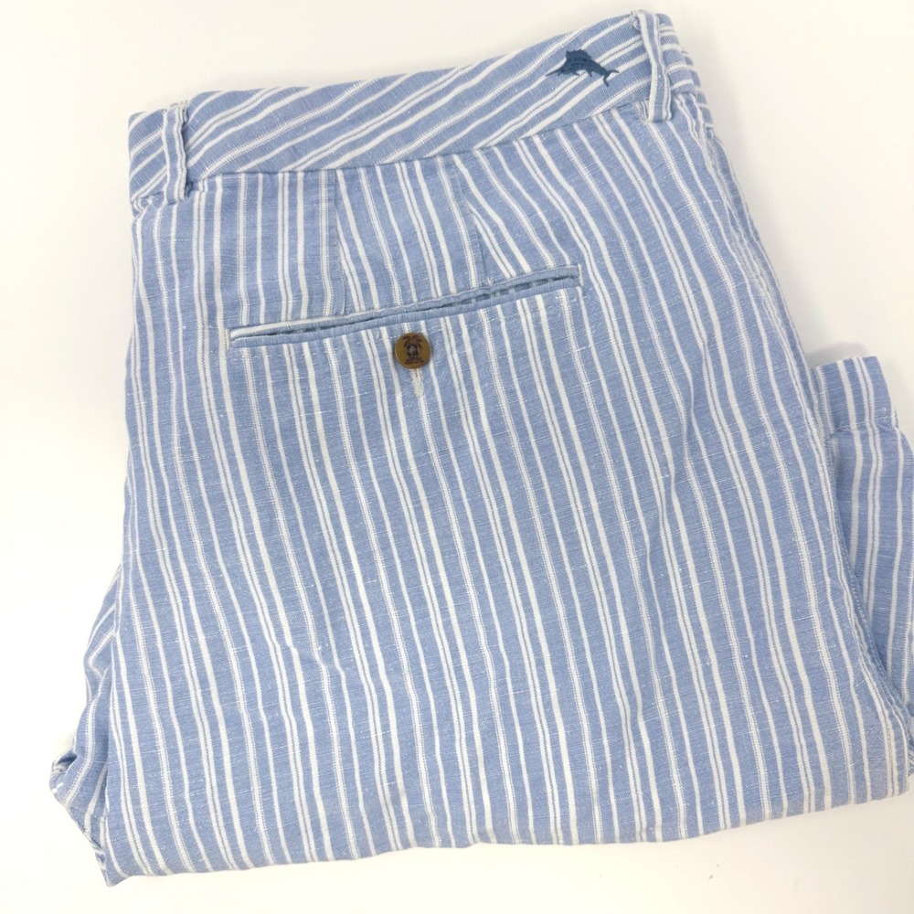 Tommy Bahama Mens 40 Striped Linen Tencel Shorts Blue White Coastal Resort